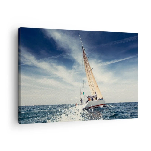 Quadro em tela - Um veleiro em um mar tempestuoso sob um céu azul - 70x50cm - Não nos alcançarão! - Decoração de parede moderna para a sala de estar e quarto ARTTOR