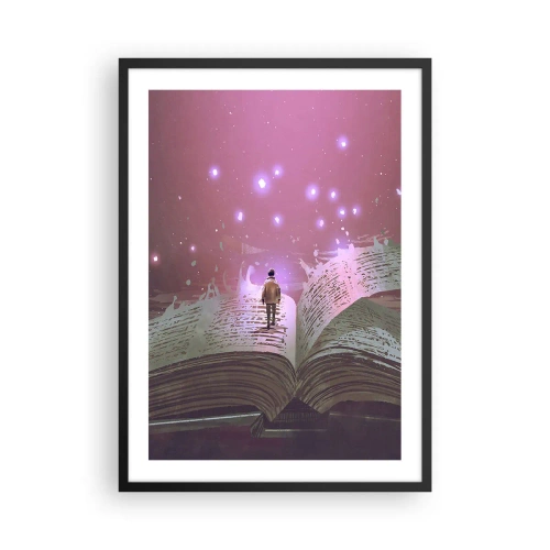 Pôster com moldura preta - Uma figura em um cenário mágico em pé sobre um livro aberto - 50x70cm - Um convite para outro mundo - leia! - Decoração de parede moderna para a sala de estar e quarto ARTTOR