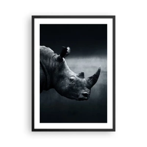 Pôster com moldura preta - Retrato em preto e branco de um rinoceronte contra um fundo escuro - 50x70cm - Perfil direito - Decoração de parede moderna para a sala de estar e quarto ARTTOR