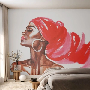 Papel de Parede Standard Eco - Retrato estilizado de uma mulher com um lenço vermelho - 100x70cm - Há um vento que abre as narinas de um homem - Decoração de parede moderna para a sala de estar e quarto ARTTOR