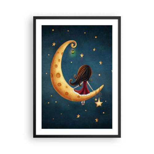 Pôster com moldura preta - Uma garota na lua cercada por estrelas e uma lanterna - 50x70cm - Uma vez... - Decoração de parede moderna para a sala de estar e quarto ARTTOR
