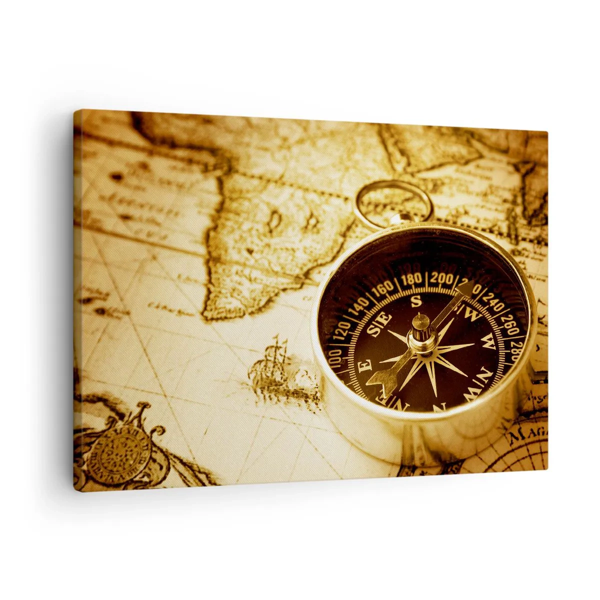 Quadro em tela - Uma bússola antiga contra o fundo de um antigo mapa-múndi - 70x50cm - Oriente ou Ocidente? - Decoração de parede moderna para a sala de estar e quarto ARTTOR