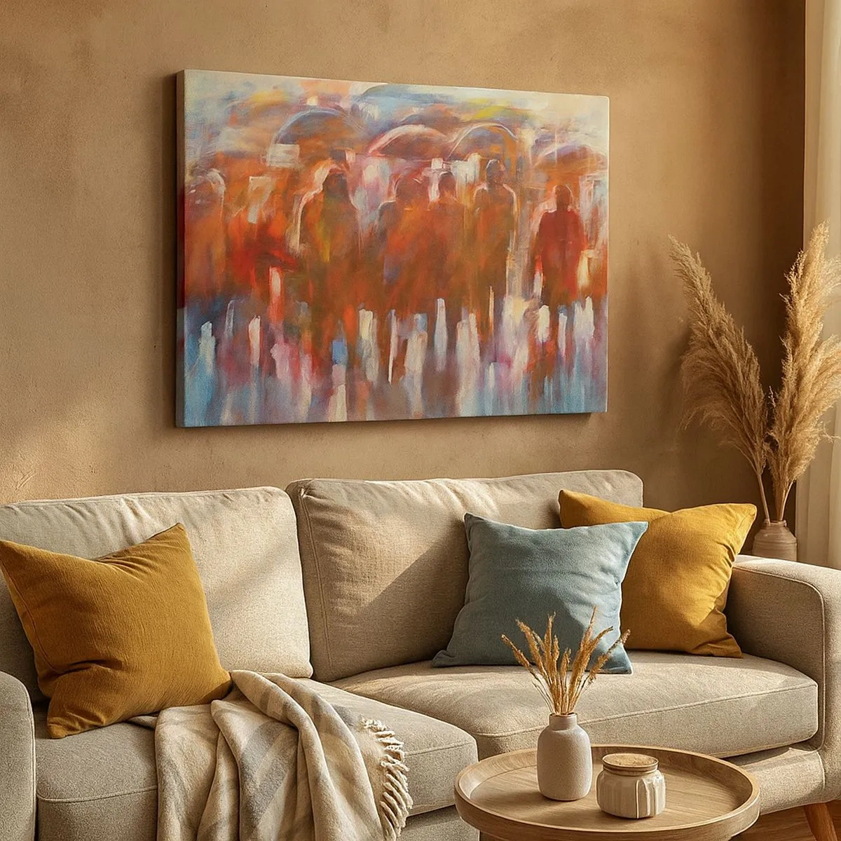 Quadro em tela - Uma multidão de pessoas com guarda-chuvas em um ambiente artístico e chuvoso - 70x50cm - Iguais na chuva e no nevoeiro - Decoração de parede moderna para a sala de estar e quarto ARTTOR