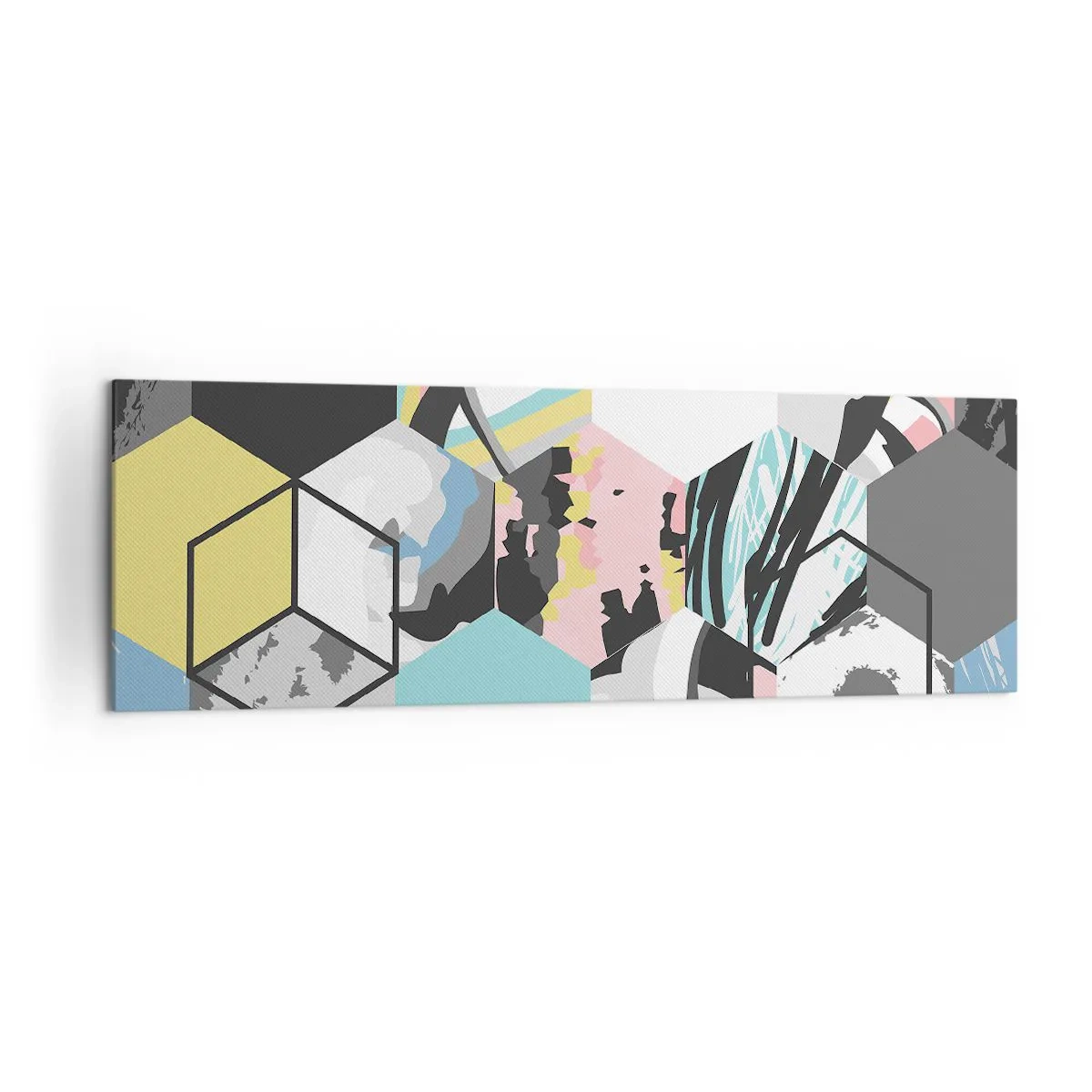 Quadro em tela - Hexágonos e cubos em seis cores - 160x50 cm