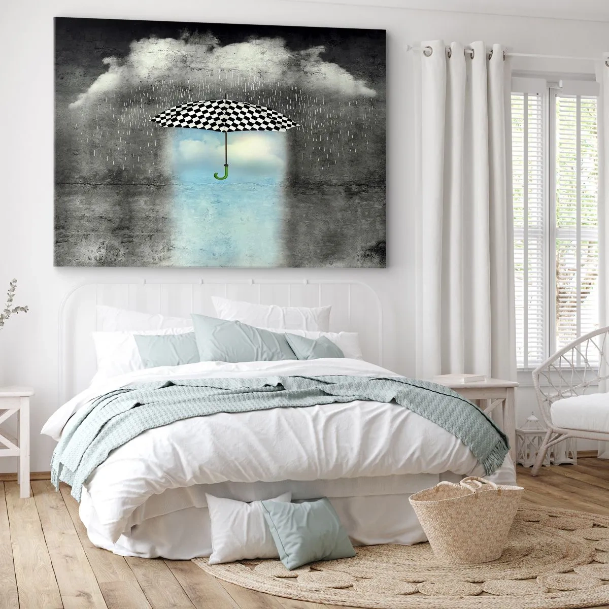 Quadro em tela - Um guarda-chuva xadrez sobre uma paisagem chuvosa - 70x50cm - No entanto, é possível - Decoração de parede moderna para a sala de estar e quarto ARTTOR