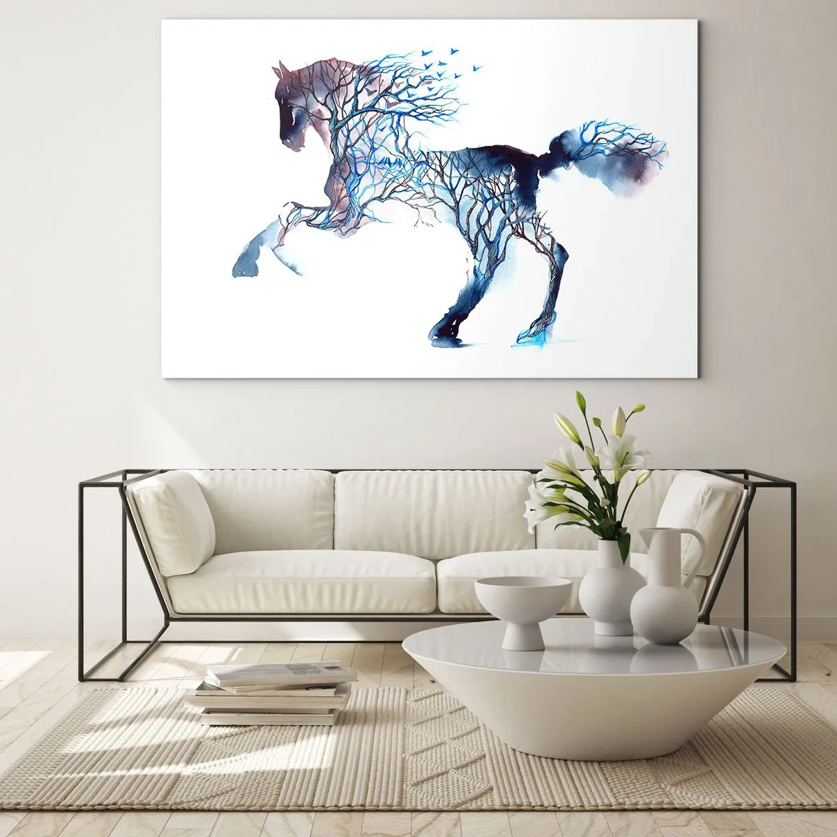 Quadro em vidro - Ilustração de um cavalo com galhos em vez de um corpo - 70x50cm - Como se a floresta tivesse se movido - Decoração de parede moderna para a sala de estar e quarto ARTTOR