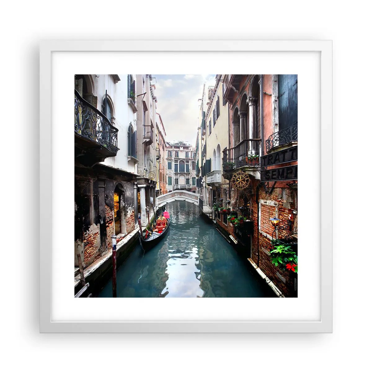 Pôster em moldura branca - Paisagem veneziana com gôndola e ponte - 40x40 cm