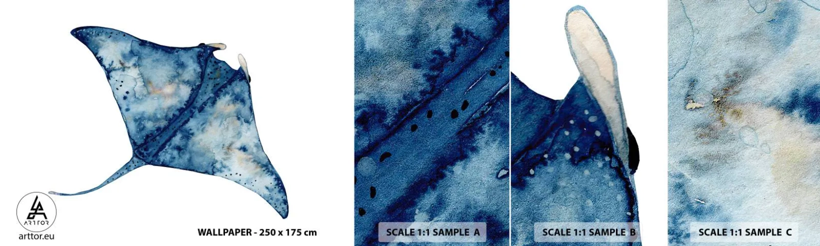 Amostra de Papel de Parede Standard Eco - A vida em azul - Arraia, Peixe, Estilo à beira-mar - 100x30 cm