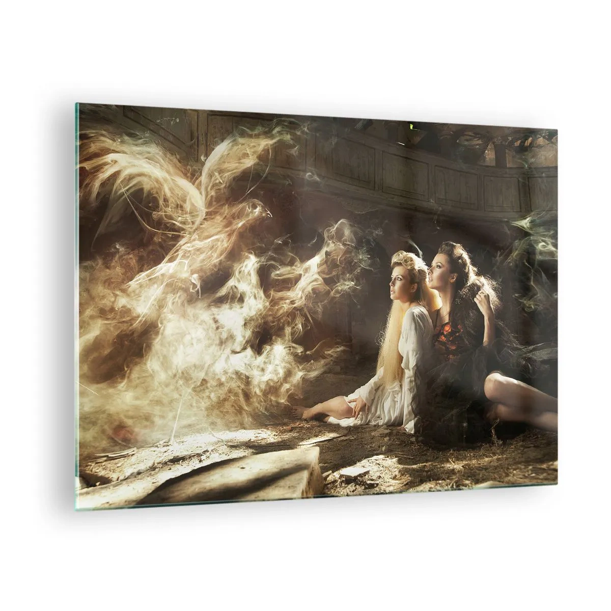 Quadro em vidro - Duas mulheres com uma fênix de fogo em um cenário mágico - 70x50cm - E a poesia nasceu - Decoração de parede moderna para a sala de estar e quarto ARTTOR