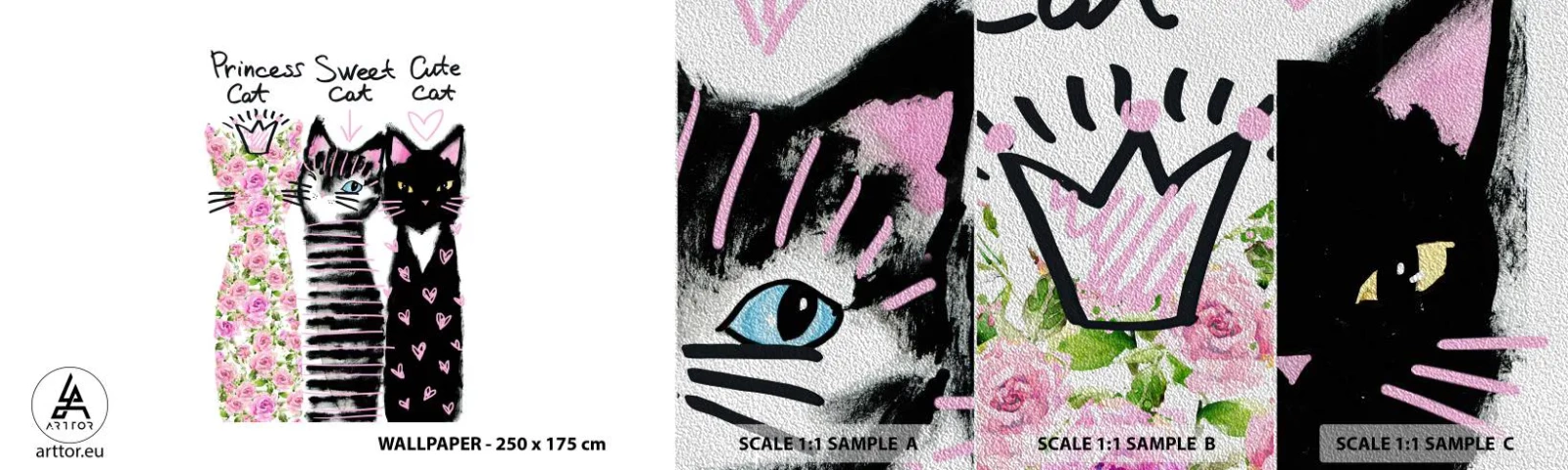 Amostra de papel de parede Premium Sand - Os três gatos - Para crianças, Gato, Animais - 100x30 cm