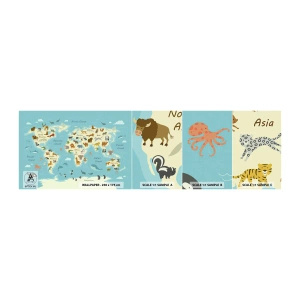 Amostra de Papel de Parede Standard Eco - Bons vizinhos - Mapa mundial, Mapa com animais, Animais - 100x30 cm