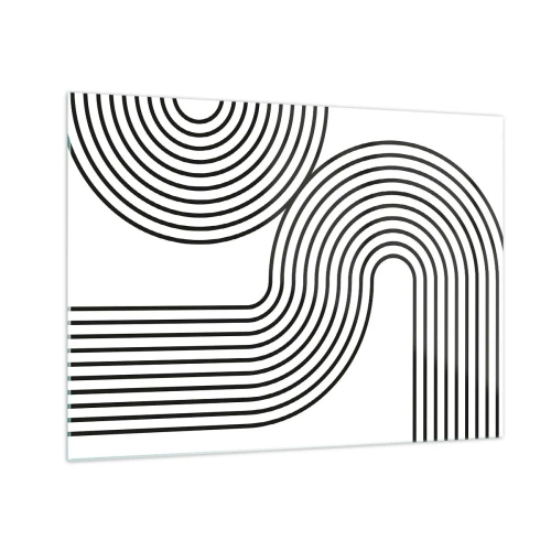 Quadro em vidro - Gráficos em preto e branco com linhas paralelas curvas - 70x50cm - Na curva - Decoração de parede moderna para a sala de estar e quarto ARTTOR