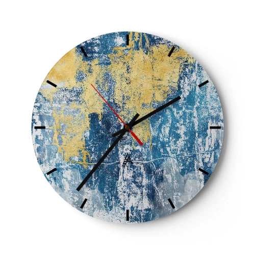 Relógio de parede - Relógio em vidro - Textura com detalhes em azul e dourado - 30x30cm - Abstração cheia de clima - Decoração de parede moderna para a sala de estar, cozinha e quarto ARTTOR