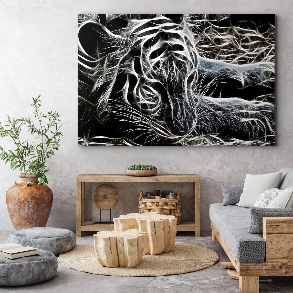 Quadro em tela - Um padrão abstrato representando a silhueta de um gato em um fundo preto. - 70x50cm - Um estudo da leveza do gato - Decoração de parede moderna para a sala de estar e quarto ARTTOR