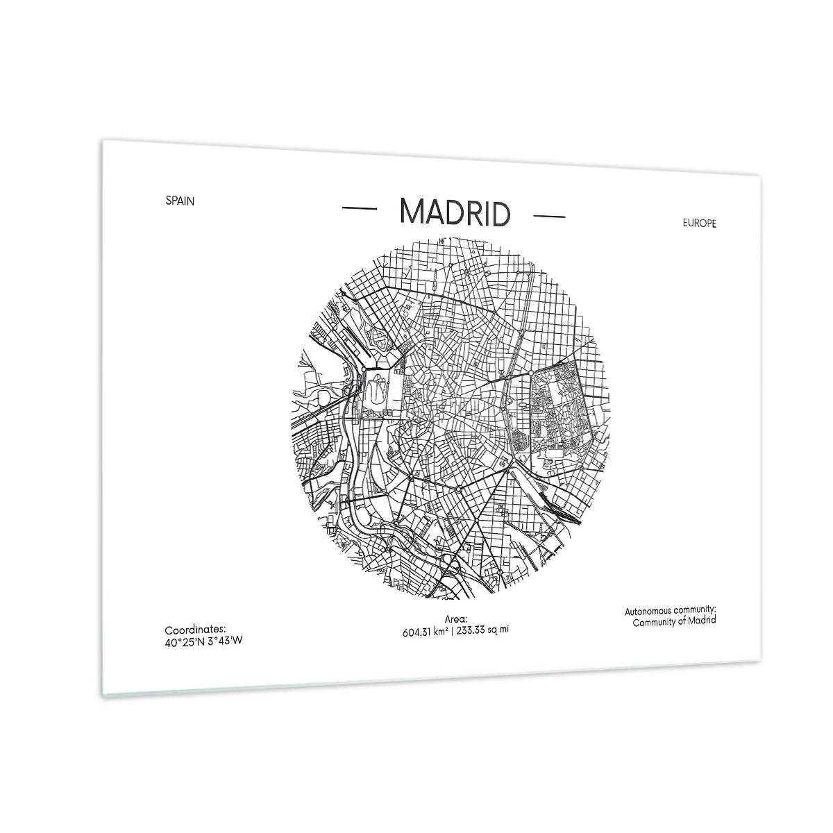Quadro em vidro - Um mapa minimalista de Madri em preto e branco, em formato circular. - 70x50cm - Anatomia de Madri - Decoração de parede moderna para a sala de estar e quarto ARTTOR