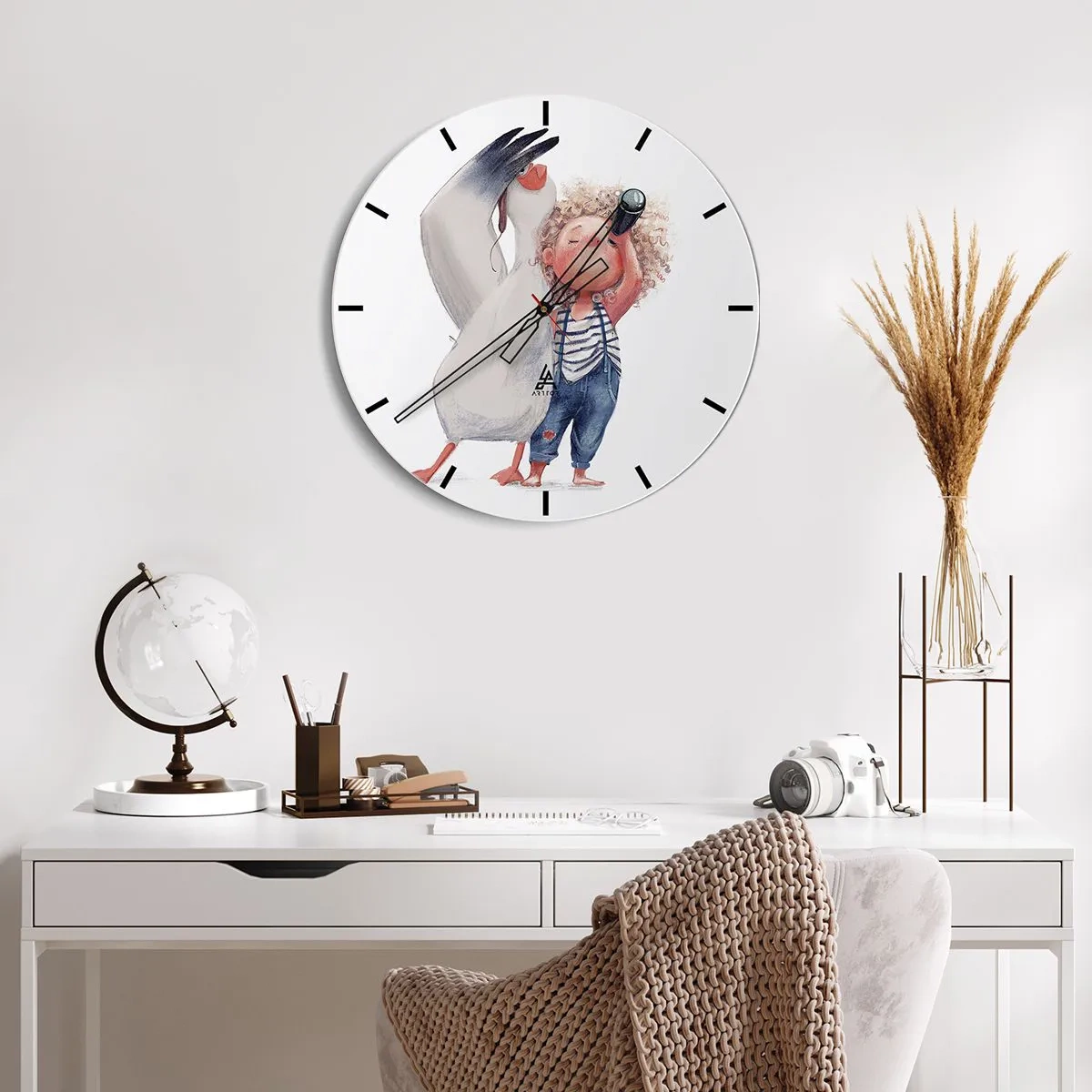 Relógio de parede - Relógio em vidro - Uma criança com binóculos e um grande pássaro em um fundo branco - 30x30cm - O itinerário da grande viagem - Decoração de parede moderna para a sala de estar, cozinha e quarto ARTTOR