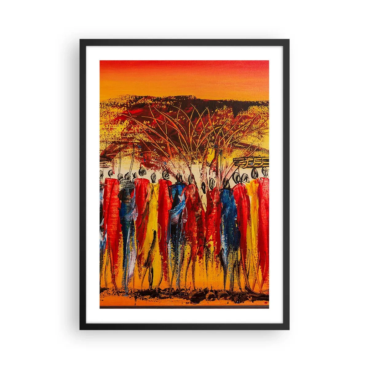 Pôster com moldura preta - Cena africana abstrata com cores vibrantes - 50x70cm - Lá, lá, lá vão eles - Decoração de parede moderna para a sala de estar e quarto ARTTOR