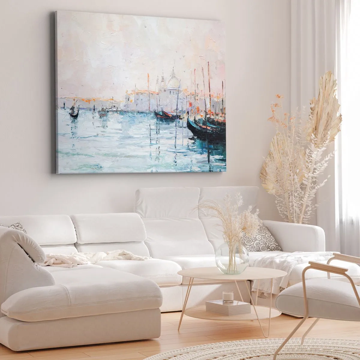 Quadro em tela - Vista pitoresca dos canais com barcos em tons pastéis - 70x50cm - Além da água, atrás do nevoeiro - Decoração de parede moderna para a sala de estar e quarto ARTTOR