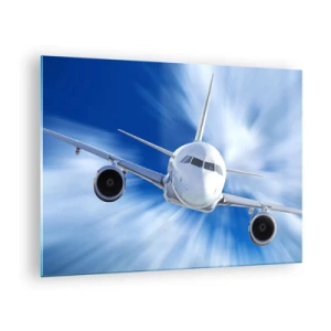 Quadro em vidro - Um avião de passageiros contra um céu azul dinâmico - 70x50cm - Mais rápido do que o vento no céu - Decoração de parede moderna para a sala de estar e quarto ARTTOR