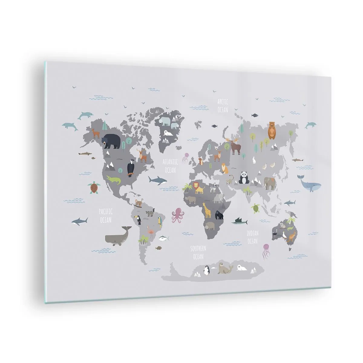 Quadro em vidro - Mapa-múndi ilustrado com animais característicos - 70x50cm - Diga-me de onde é... - Decoração de parede moderna para a sala de estar e quarto ARTTOR