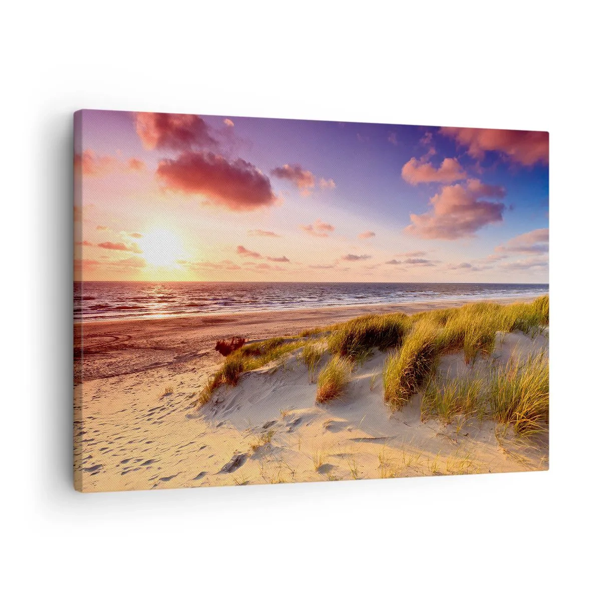 Quadro em tela - Uma praia gramada e um pôr do sol sobre um mar calmo - 70x50cm - Ar com cheiro de verão - Decoração de parede moderna para a sala de estar e quarto ARTTOR