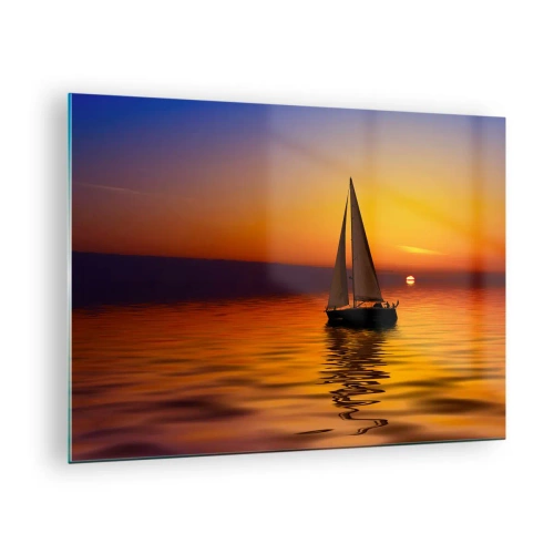 Quadro em vidro - Um veleiro na água ao pôr do sol - 70x50cm - Tranquilo anoitecer... - Decoração de parede moderna para a sala de estar e quarto ARTTOR