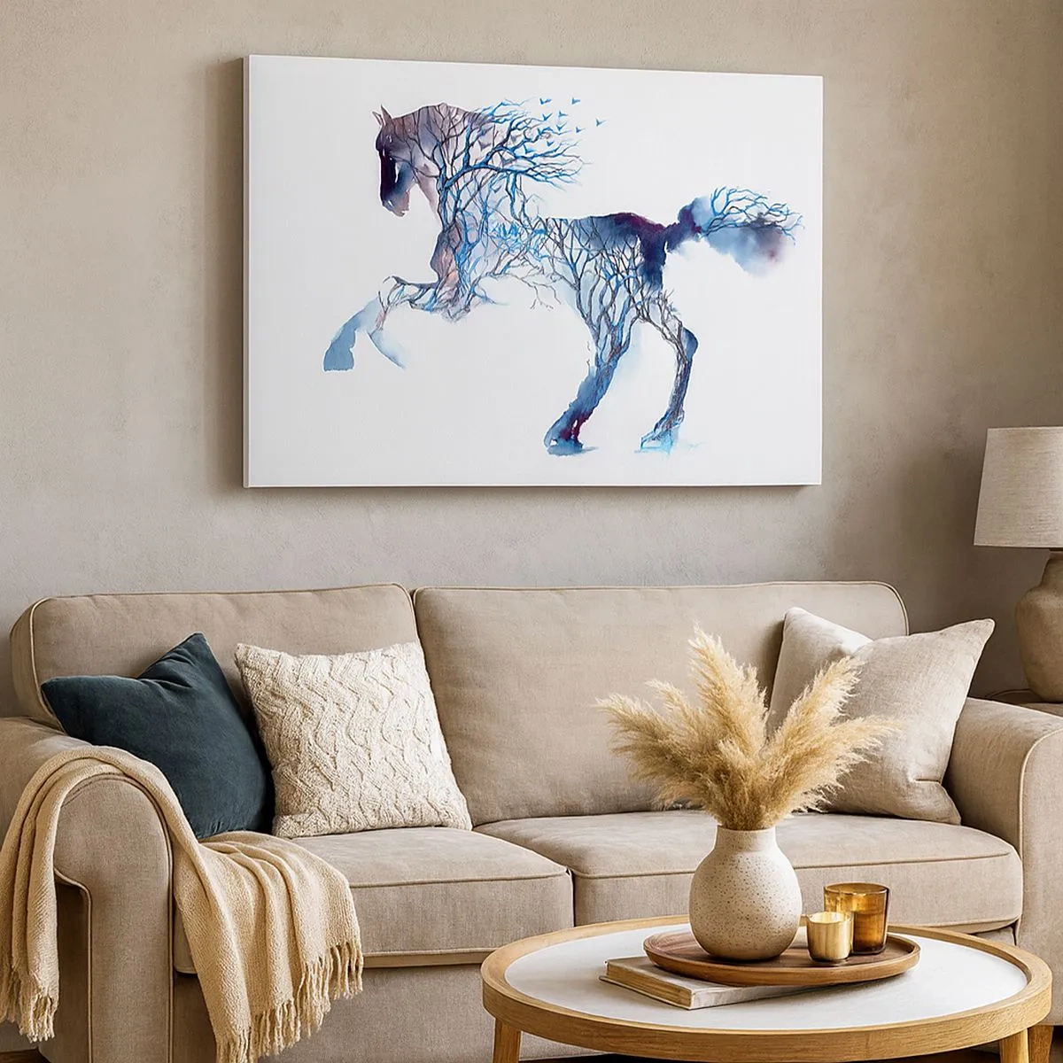 Quadro em tela - Gráfico artístico de cavalo com motivos de árvores e pássaros - 70x50cm - Como se a floresta tivesse se movido - Decoração de parede moderna para a sala de estar e quarto ARTTOR