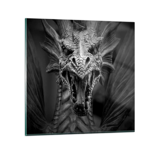 Quadro em vidro - Dragão de conto de fadas em tons de cinza - 60x60 cm