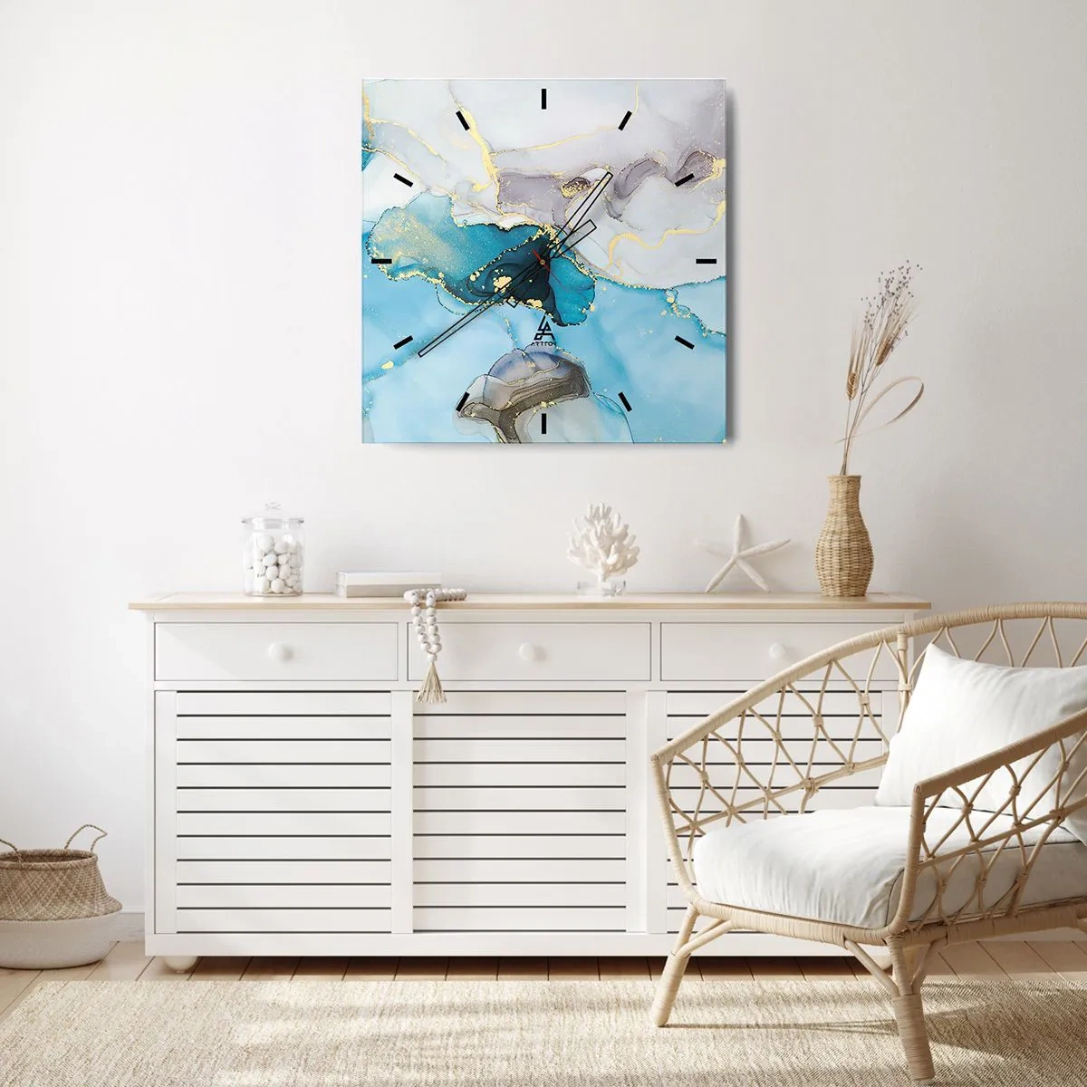 Relógio de parede - Relógio em vidro - Estudo do encontro do cinza e turquesa - 40x40 cm