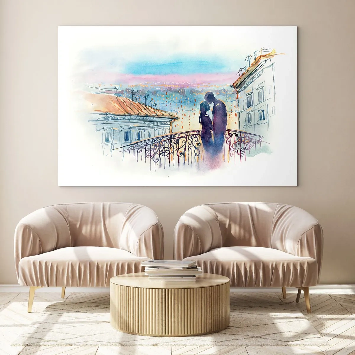 Quadro em vidro - Casal na varanda apreciando o pôr do sol romântico - 70x50cm - Amantes parisienses - Decoração de parede moderna para a sala de estar e quarto ARTTOR