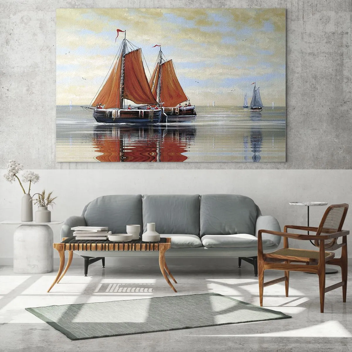 Quadro em vidro - Veleiros em mar calmo ao pôr do sol - 70x50cm - A velejar, marujo… - Decoração de parede moderna para a sala de estar e quarto ARTTOR
