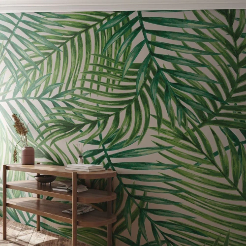 Papel de Parede Autocolante Deluxe Sticker - Sob as folhas verdes - Abstração, Folha de palmeira, Coqueiro - 400x280 cm