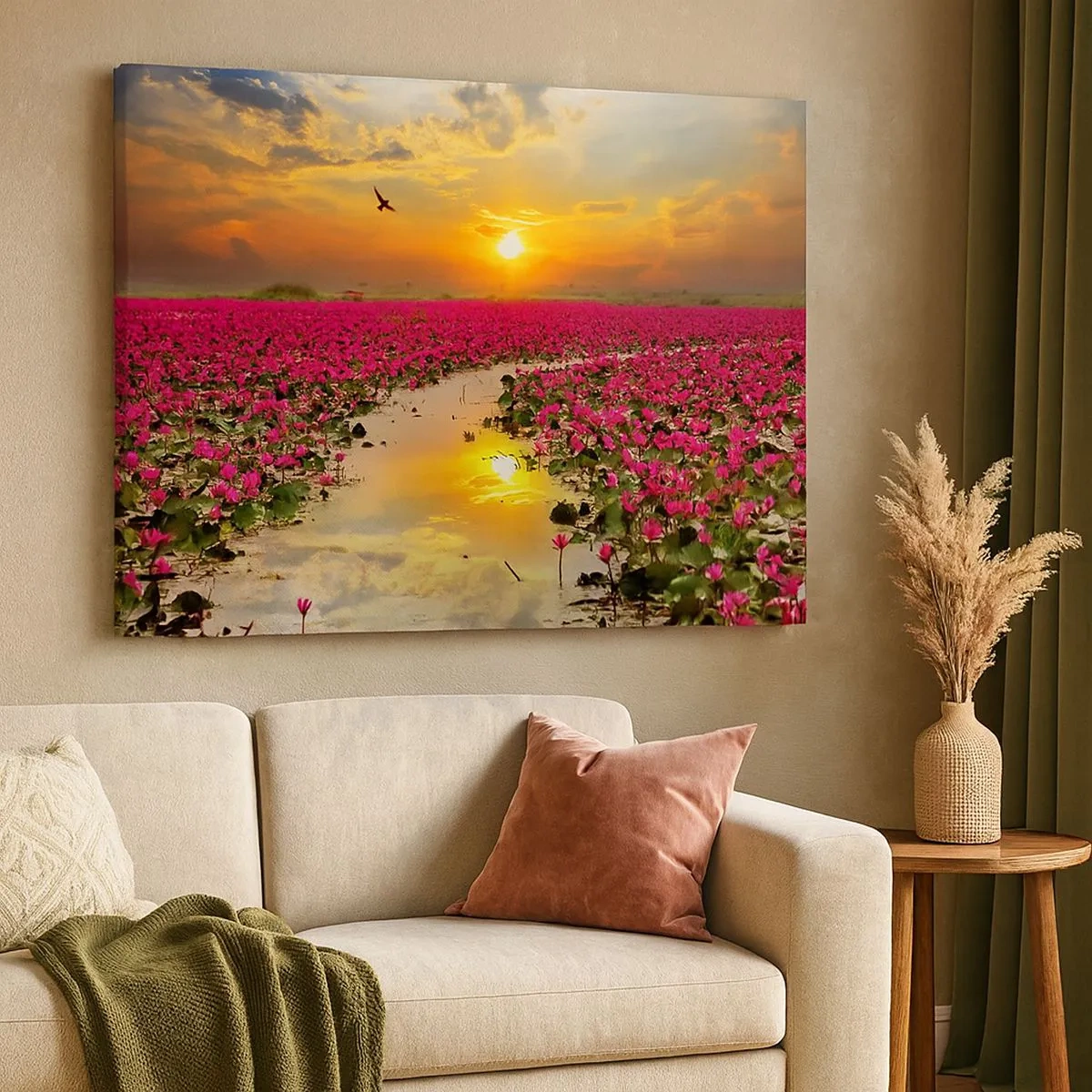 Quadro em tela - Um campo de nenúfares cor-de-rosa ao pôr do sol - 70x50cm - A vida secreta do lago - Decoração de parede moderna para a sala de estar e quarto ARTTOR