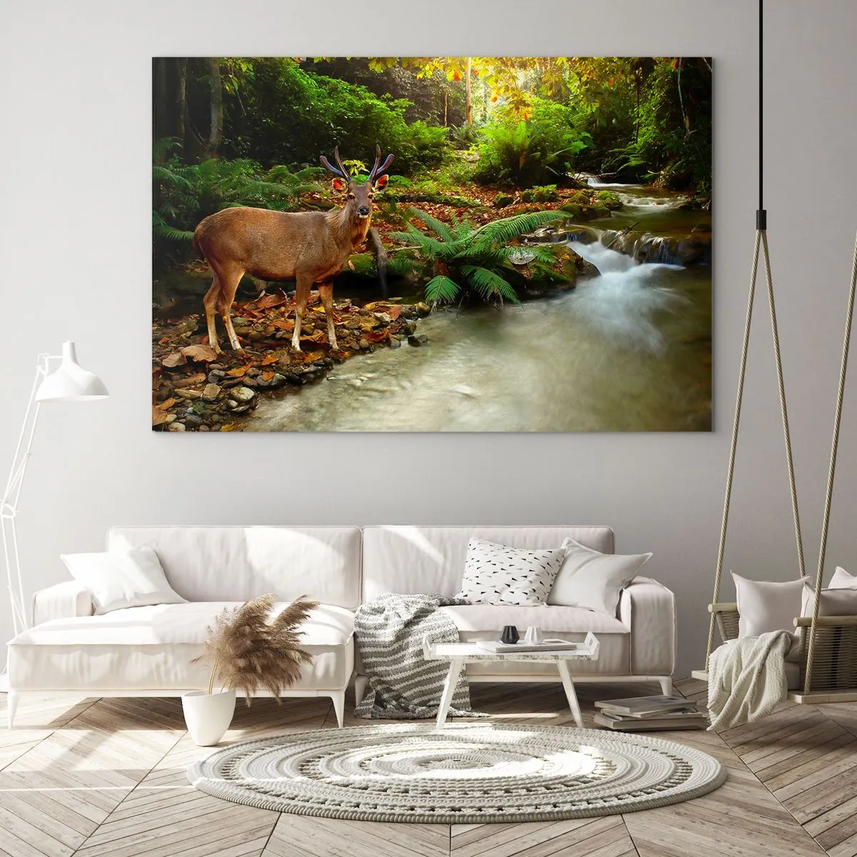 Quadro em vidro - Um veado perto de um riacho em uma floresta ensolarada - 70x50cm - Bem-vindo ao meu mundo - Decoração de parede moderna para a sala de estar e quarto ARTTOR