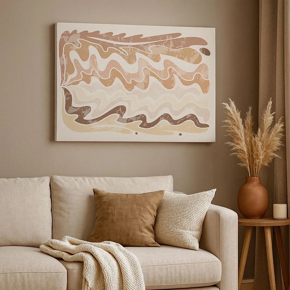 Quadro em tela - Linhas abstratas onduladas em tons de bege - 70x50cm - Boa energia – boas emoções - Decoração de parede moderna para a sala de estar e quarto ARTTOR