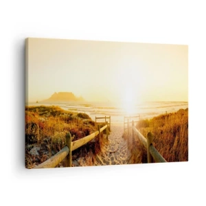 Quadro em tela - Caminho para a praia durante um pôr do sol dourado - 70x50cm - Pelaa duna, em direção ao sol - Decoração de parede moderna para a sala de estar e quarto ARTTOR