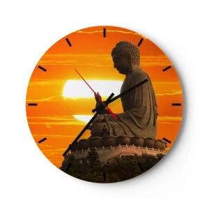 Relógio de parede - Relógio em vidro - Uma estátua de Buda tendo como pano de fundo um intenso pôr do sol em cores quentes. - 30x30cm - Sem medo do mundo - Decoração de parede moderna para a sala de estar, cozinha e quarto ARTTOR