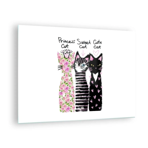 Quadro em vidro - Três gatos adoráveis em um estilo artístico com inscrições em um fundo branco - 70x50cm - Os três gatos - Decoração de parede moderna para a sala de estar e quarto ARTTOR