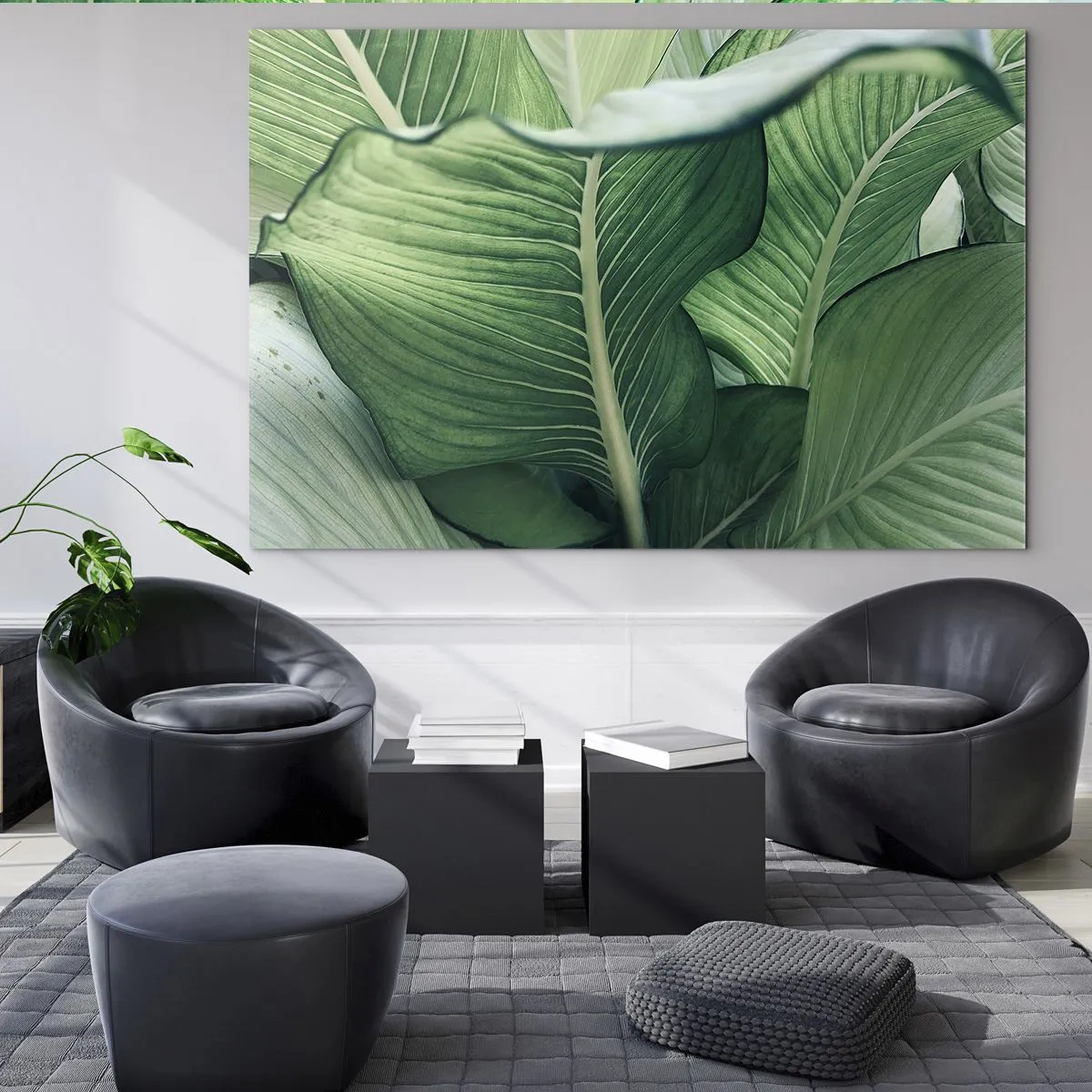 Quadro em vidro - Folhas verdes exuberantes em close-up e luz natural - 70x50cm - Vida intensamente verde - Decoração de parede moderna para a sala de estar e quarto ARTTOR