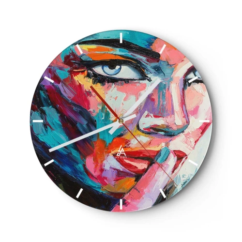 Relógio de parede - Relógio em vidro - Retrato de uma mulher em estilo abstrato com cores vivas - 30x30cm - O nosso primeiro segredo - Decoração de parede moderna para a sala de estar, cozinha e quarto ARTTOR