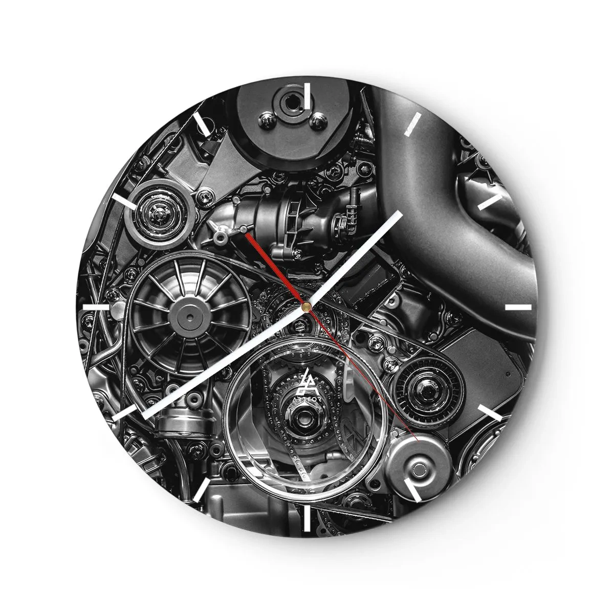 Relógio de parede - Relógio em vidro - Detalhe em preto e branco do mecanismo do motor de um carro - 30x30cm - A poesia da mecánica - Decoração de parede moderna para a sala de estar, cozinha e quarto ARTTOR