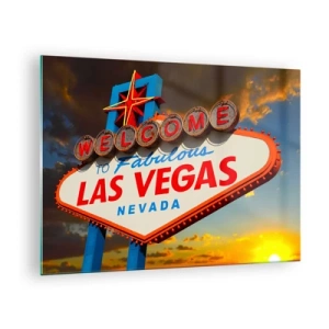 Quadro em vidro - Placa de boas-vindas de Las Vegas contra o pôr do sol - 70x50cm - Por um sorriso do destino - Decoração de parede moderna para a sala de estar e quarto ARTTOR