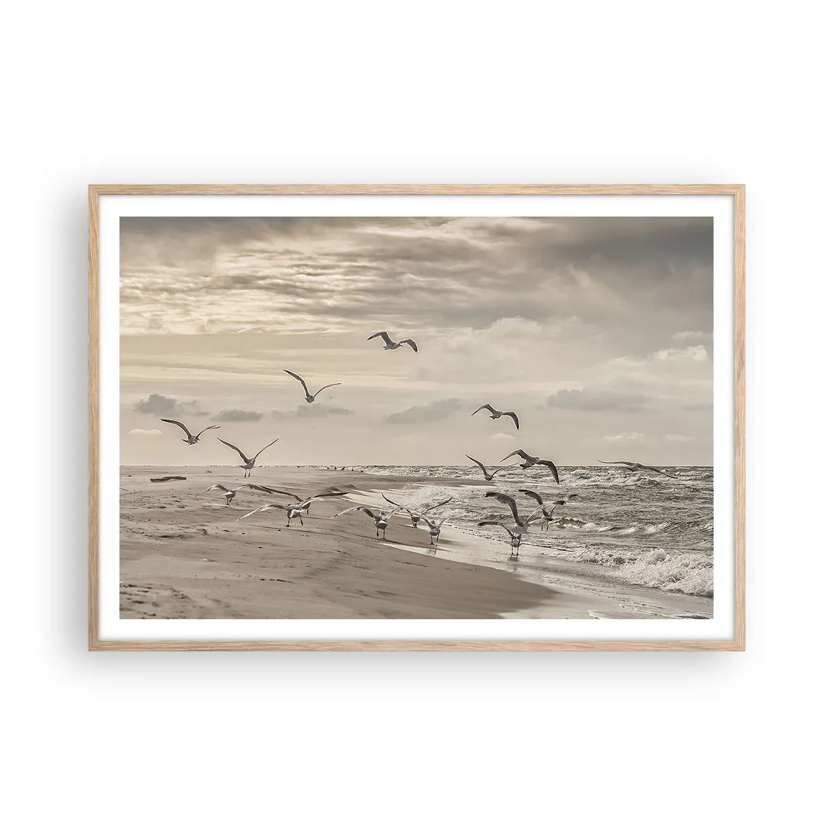 Pôster com moldura de carvalho claro - O som do mar, o canto dos pássaros - 100x70 cm