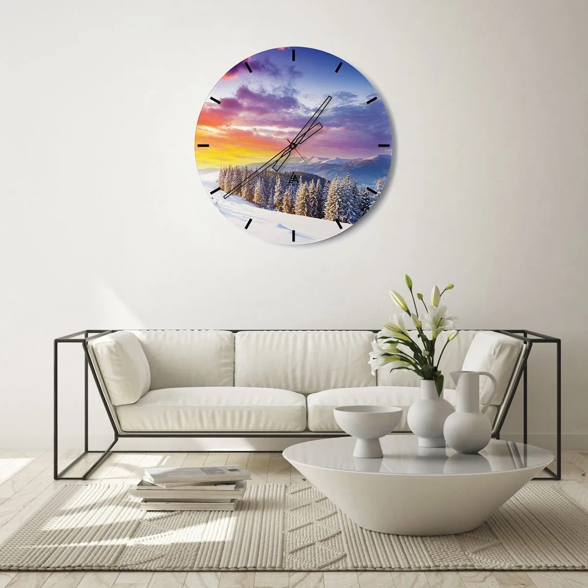 Relógio de parede - Relógio em vidro - Mostrador de relógio com paisagem de inverno e pôr do sol - 30x30cm - Em plena luz do dia - Decoração de parede moderna para a sala de estar, cozinha e quarto ARTTOR