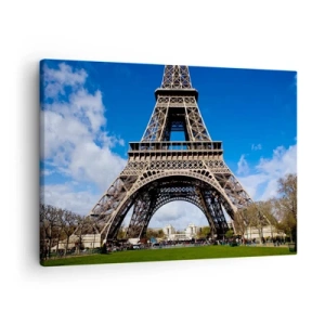 Quadro em tela - A Torre Eiffel contra o fundo de um céu azul e um parque verde - 70x50cm - Toda Paris aos seus pés - Decoração de parede moderna para a sala de estar e quarto ARTTOR