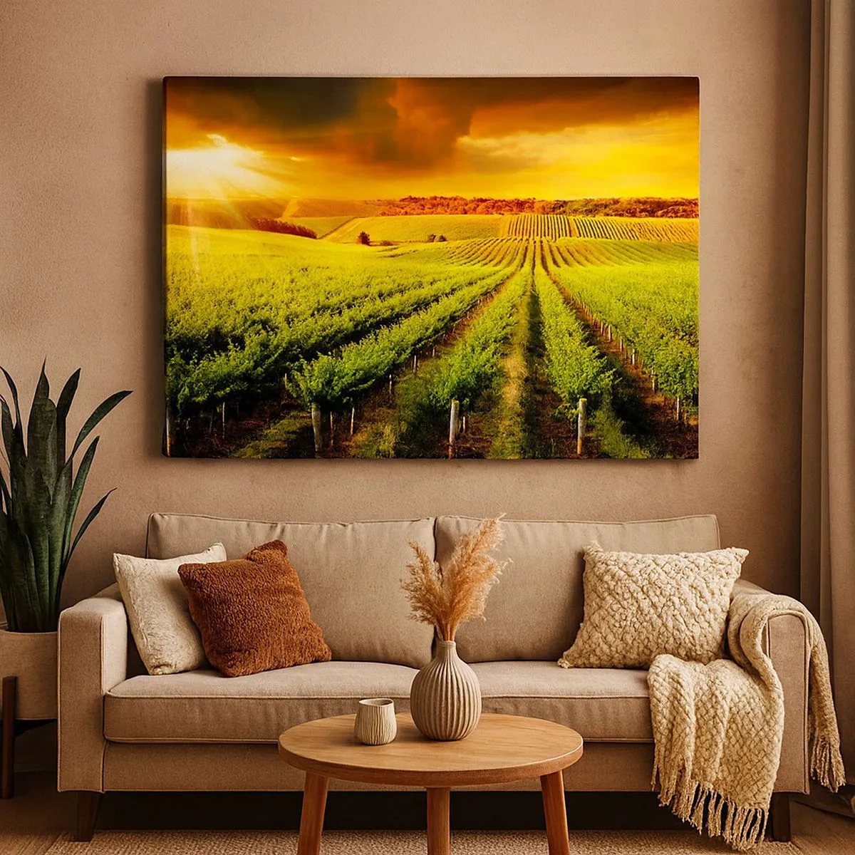 Quadro em tela - Vinhas douradas iluminadas pelos raios do sol - 70x50cm - Sob o sol australiano - Decoração de parede moderna para a sala de estar e quarto ARTTOR