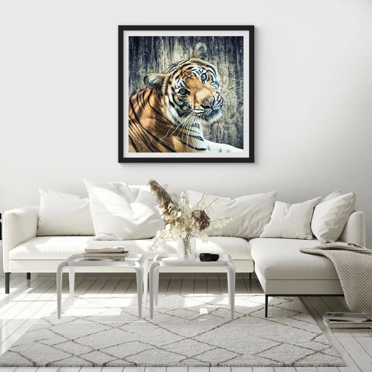 Pôster com moldura preta - Retrato em feixes de luz - 60x60 cm