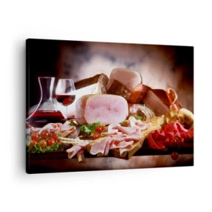 Quadro em tela - Frios com vinho em fundo rústico - 70x50cm - Um sonho culinário com uma jarra - Decoração de parede moderna para a sala de estar e quarto ARTTOR