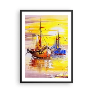 Pôster com moldura preta - Veleiros coloridos ao pôr do sol - 50x70cm - Um merecido descanso no porto - Decoração de parede moderna para a sala de estar e quarto ARTTOR