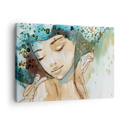 Quadro em tela - Retrato de uma mulher em delicadas cores aquarela - 70x50cm - Dama em azul - Decoração de parede moderna para a sala de estar e quarto ARTTOR